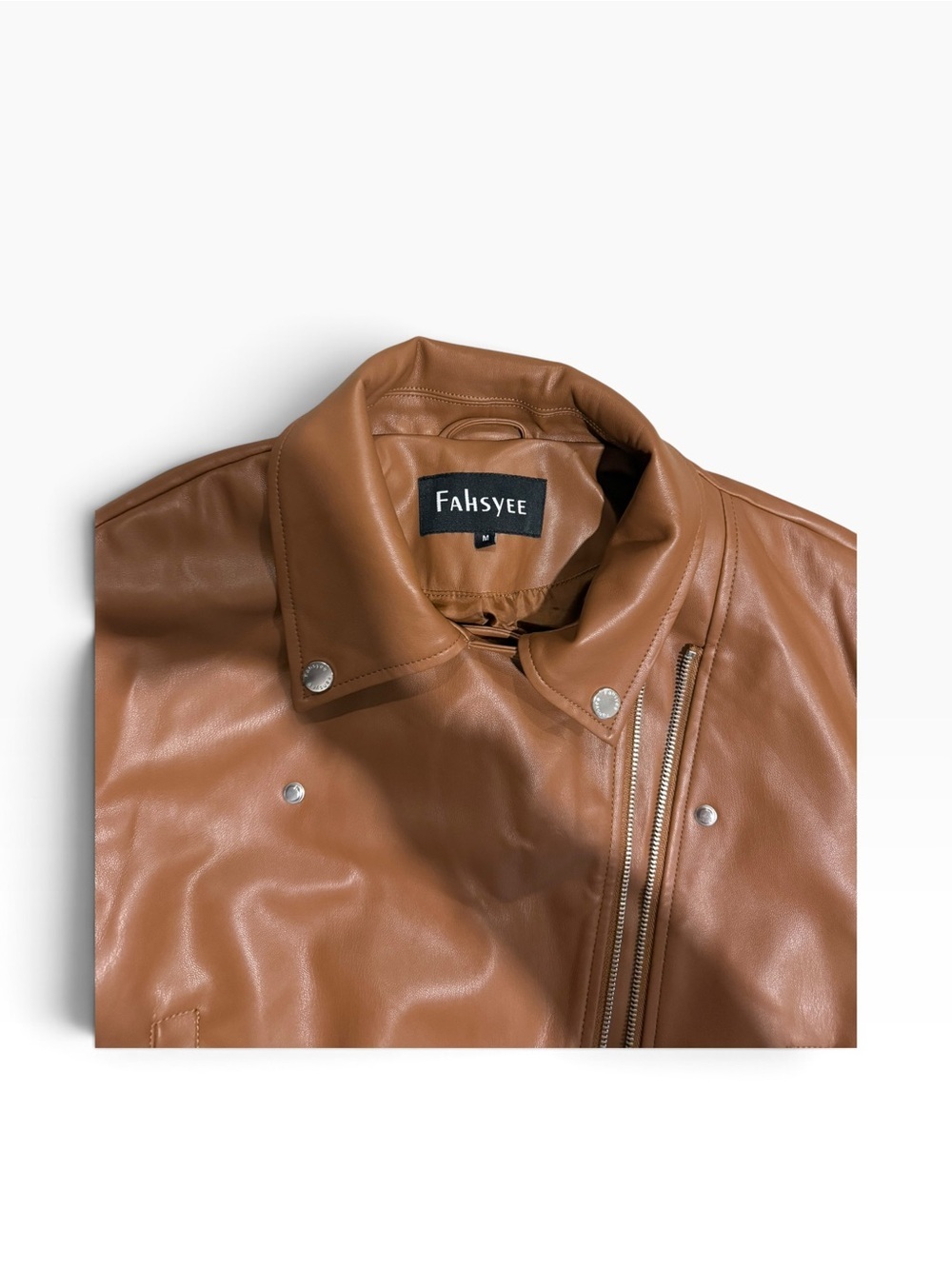 FAHSYEE Brown Faux Leather Cropped Moto Jacket – Size Medium